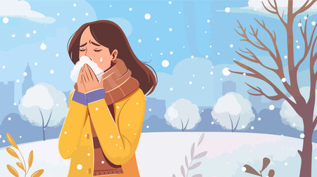 Cartoon Illustration of Woman Coughing and Sniffling Outdoors in Cold Weatherのイラスト素材