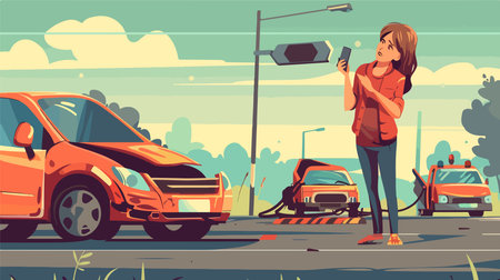 Woman on Phone with Tow Truck Assisting Broken Car on Roadsideのイラスト素材