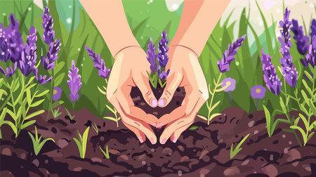 Gardening Enthusiast Transplants Fragrant Lavender Blooms into Rich Soilのイラスト素材