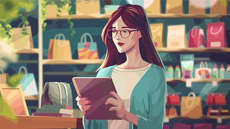 Female Shopper Using Tablet for Online Purchases at Wooden Home Office Deskのイラスト素材