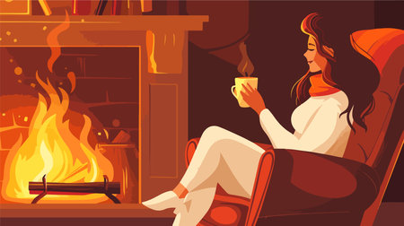 Woman Relaxing by Cozy Fireplace with Warm Beverage in Handのイラスト素材