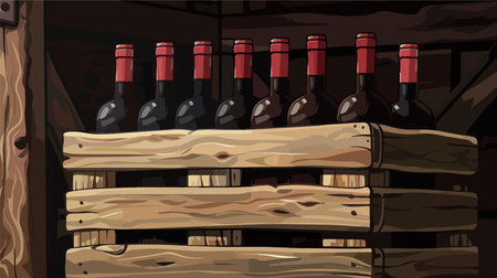 Vintage Wooden Crate Filled with Bottles of Red Wine on a Dark Backgroundのイラスト素材