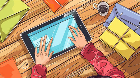 Person Using Tablet for Online Purchases at Wooden Home Office Deskのイラスト素材