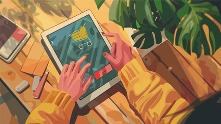 Person Using Tablet for Online Purchases at Wooden Home Office Desk