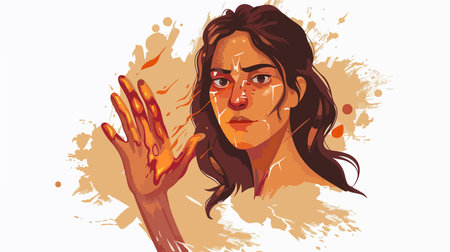 Digital illustration of a hand with burn marks against a beige splatter backgroundのイラスト素材