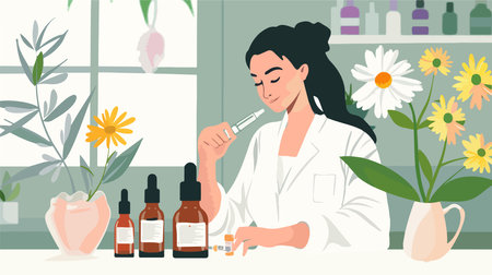 Using Essential Oils with Pipette and Bottle at Tableのイラスト素材