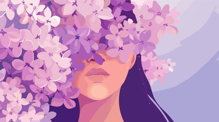 Artistic illustration of lilac flowers surrounding a face in soft purple tones