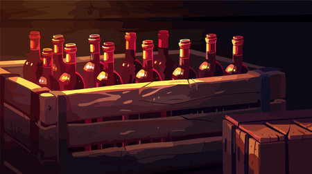 Vintage Wooden Crate Filled with Bottles of Red Wine on a Dark Backgroundのイラスト素材