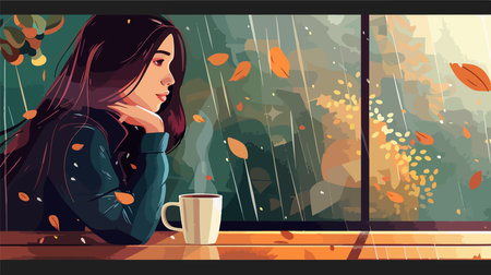 Woman Relaxing with Hot Drink in a Cozy Corner by the Windowのイラスト素材