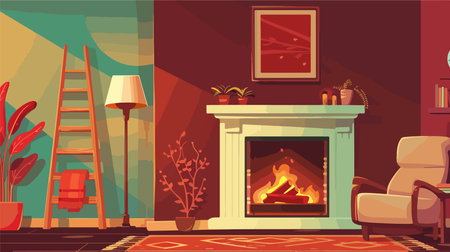 Wooden Ladder by a Cozy Fireplace in a Modern and Stylish Living Roomのイラスト素材