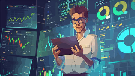 Young Businessman Working Remotely with Laptop and Virtual Screen in Modern Office