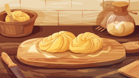Wooden Board and Fresh Puff Pastry Dough Closeupのイラスト素材