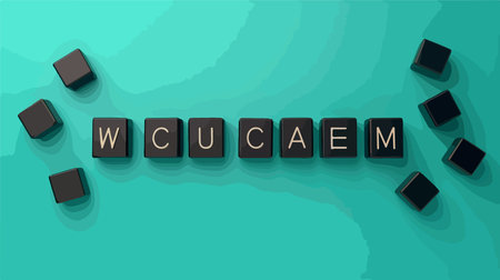 Black Cube Letters Spelling Welcome on Turquoise Background