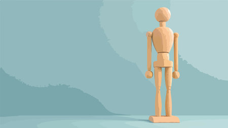 Articulated Wooden Mannequin Model Posing in Light Blue Spaceのイラスト素材