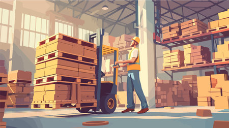Worker Using Manual Forklift to Transport Wooden Pallets in a Warehouse Operationのイラスト素材
