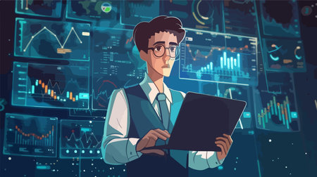 Young Businessman Working Remotely with Laptop and Virtual Screen in Modern Officeのイラスト素材