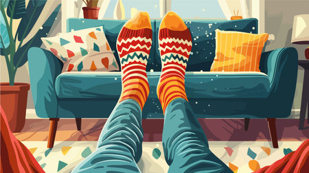 Cozy Winter Scene: Knitted Socks in a Comfortable Home Settingのイラスト素材