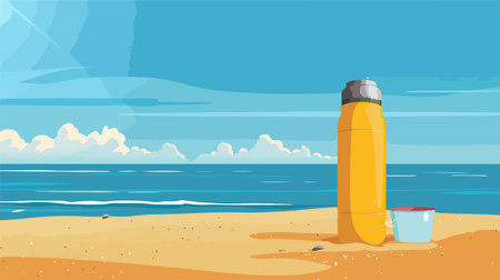 Yellow Thermos with a Hot Drink on the Sandstone Beach by a Sparkling Seaのイラスト素材