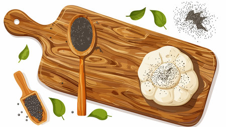 Wooden Board with Unbaked Poppy Seed Dough on White Backgroundのイラスト素材