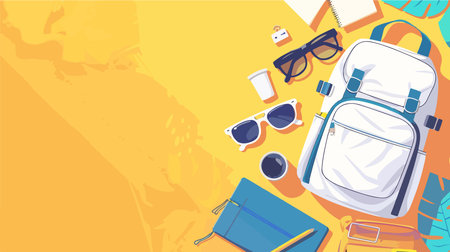White Backpack with Assorted Travel Essentials on Yellow Backgroundのイラスト素材