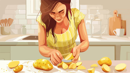 Preparing Potatoes at Clean Kitchen Counter, Close-Upのイラスト素材