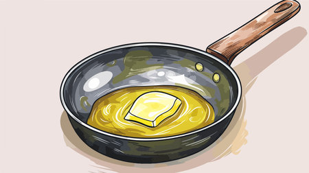 Close-up Cartoon Vector Illustration of Wok Pan with Melted Butterのイラスト素材