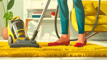 Person using vacuum cleaner on carpet in home interiorのイラスト素材