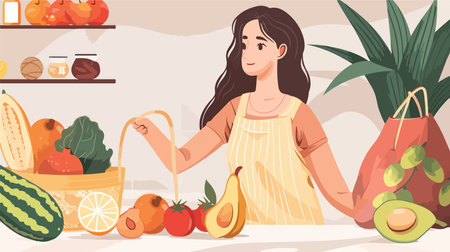 Woman Shopping at the Market with a String Bag of Fresh Produceのイラスト素材