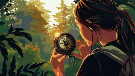 Young Woman Uses Modern Compass in Wilderness for Navigationのイラスト素材
