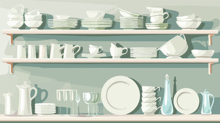 Cartoon-style White Shelving Unit with Colorful Dishware and Utensilsのイラスト素材