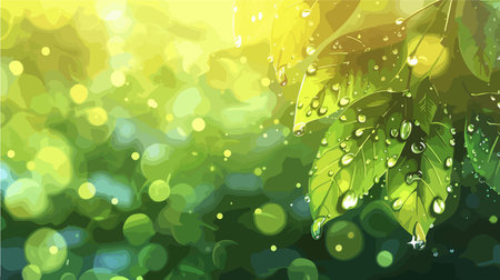 Water Droplets Adorning Vibrant Green Leaf against a Softly Blurred Backdropのイラスト素材