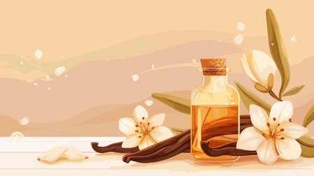 Aromatic Vanilla Flowers and Essential Oil on Wooden Tableのイラスト素材