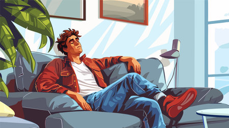Cartoon Young Man Chilling on Couch at Home in Vector Style