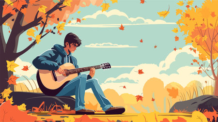 Person Playing Acoustic Guitar in Vibrant Autumn Park Sceneのイラスト素材