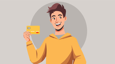 Person holding credit card against gray backgroundのイラスト素材