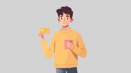 Person holding a credit card against gray backgroundのイラスト素材