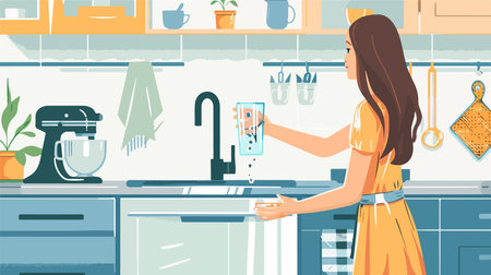Person Fills Glass with Fresh Water from Kitchen Faucetのイラスト素材