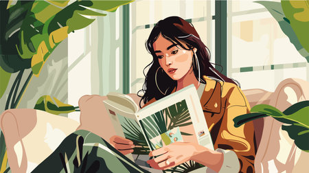 Young Woman Immersed in the World of Fashion: Closeup Portrait of Reading Magazineのイラスト素材