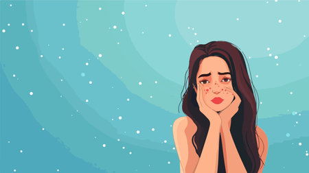 Young Woman Struggling with Acne Concerns on Blue Backgroundのイラスト素材