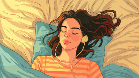 Cartoon Illustration of a Young Woman Sleeping Peacefully with Foam Earplugsのイラスト素材