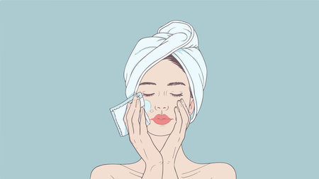Person drying face with towel on light blue backgroundのイラスト素材
