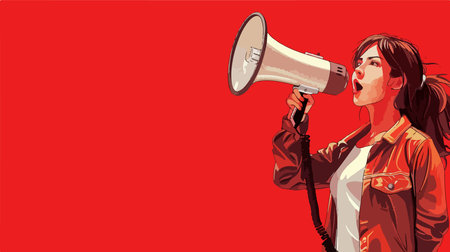 Animated Cartoon of a Person Broadcasting with a Megaphone on a Vibrant Red Backgroundのイラスト素材