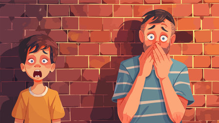 Two cartoon figures showing expressions of shock and fear against a brick wallのイラスト素材