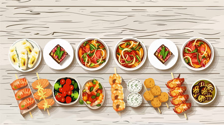 Appetizing Assortment of Appetizers Displayed on a Quaint White Wooden Tabletopのイラスト素材