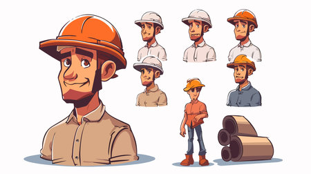 Construction worker character design with different poses and viewsのイラスト素材