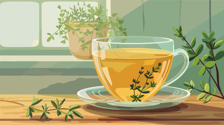 Aromatic Thyme Tea in Clear Glass Cup on Wooden Surfaceのイラスト素材