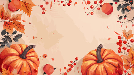 Autumn Harvest Bounty: Four Pumpkins and Red Berries on a Vibrant Tabletopのイラスト素材