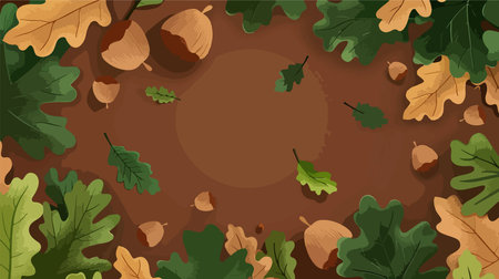 Flat Lay of Autumn Acorns and Oak Leaves on Rustic Brown Backgroundのイラスト素材