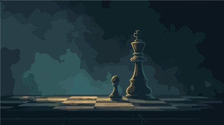 A pawn facing a king on a chessboard with dramatic lighting and dark background, symbolizing determination and resilienceのイラスト素材