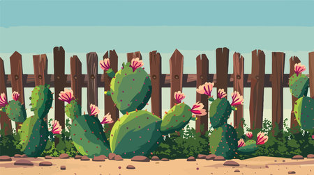 Vibrant and Majestic Opuntia Cactus Flourishing Near Wooden Fence Under Clear Skiesのイラスト素材